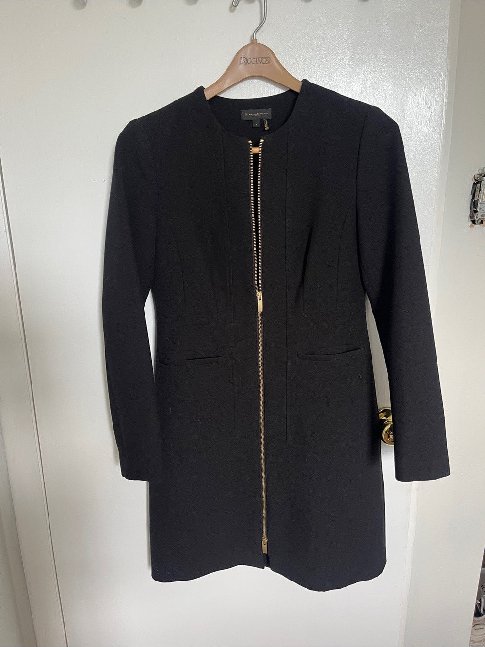 Donna Karan Black Zip-Front Trench Coat with Gold Hardware